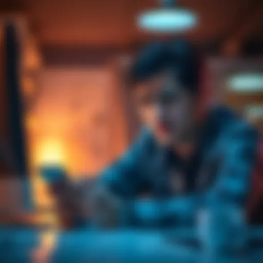 Individual sitting at a desk, looking stressed while searching for lost wallet recovery phrase on a smartphone