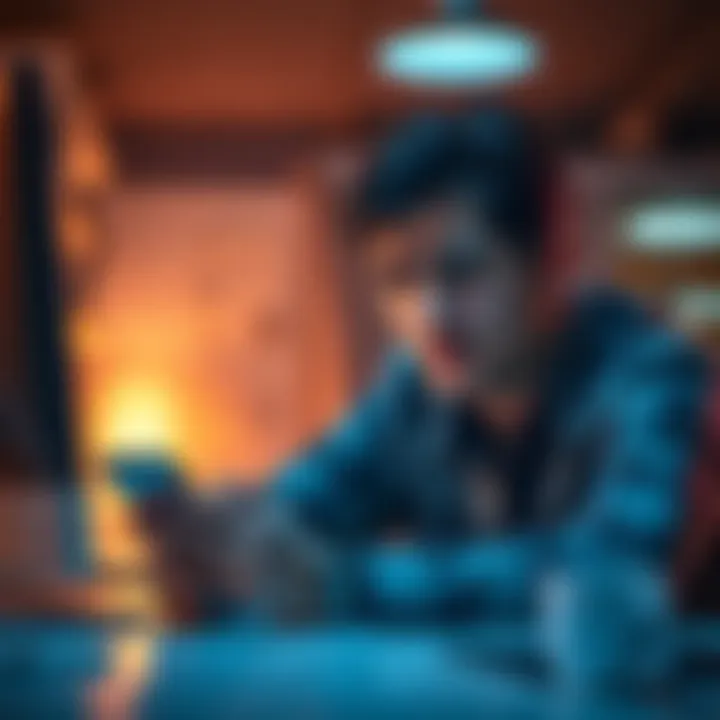 Individual sitting at a desk, looking stressed while searching for lost wallet recovery phrase on a smartphone