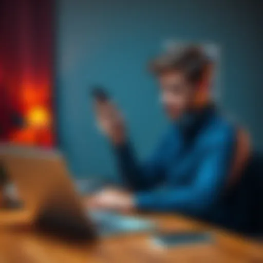 A person sitting at a desk, looking frustrated while holding a phone and staring at a laptop, indicating trouble with two-factor authentication.