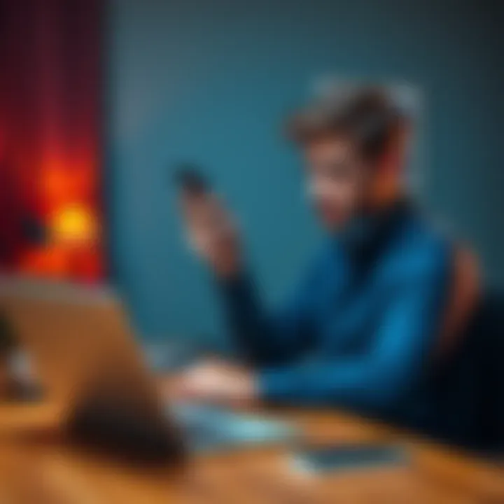 A person sitting at a desk, looking frustrated while holding a phone and staring at a laptop, indicating trouble with two-factor authentication.