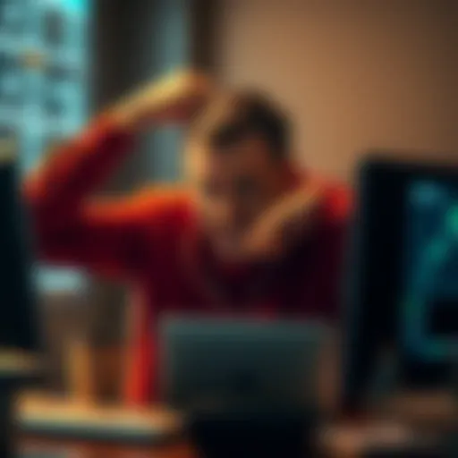 A frustrated individual holding their head in despair while looking at a computer screen, representing struggles with KuCoin's withdrawal process