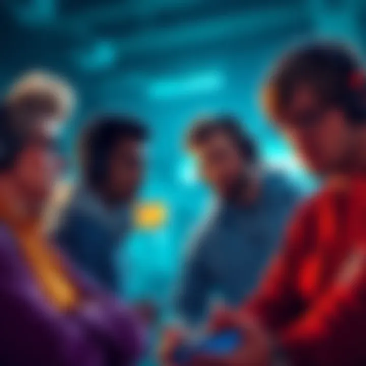 A group of players sitting together, looking concerned while discussing recent season pass changes and rewards on a gaming platform.