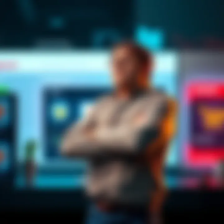 A frustrated seller stands with arms crossed in front of a computer showing Caramel's checkout page, highlighting delays and confusion.