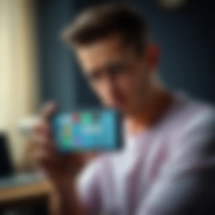 A person looks disappointed while holding a Flex device showing a blank screen with missing app icons