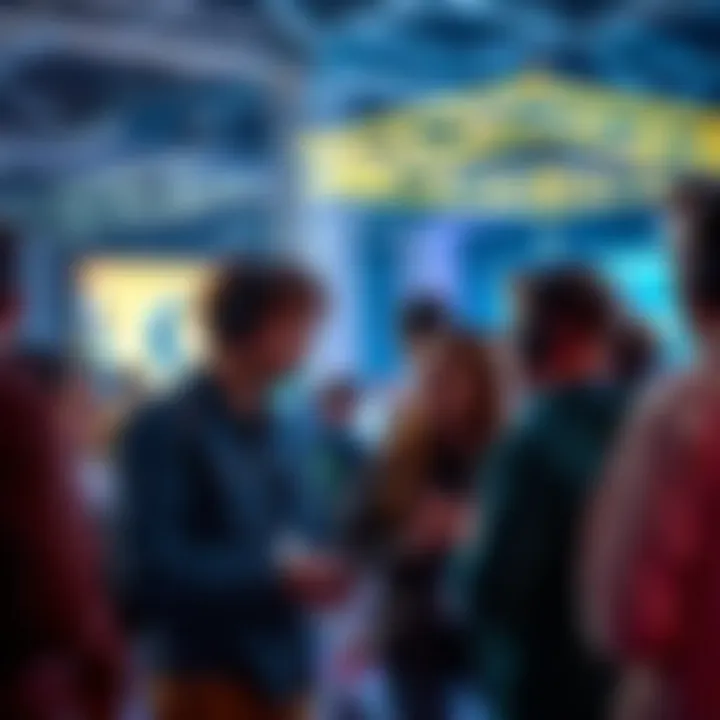 A group of FTP players discussing their gameplay at a gaming event.