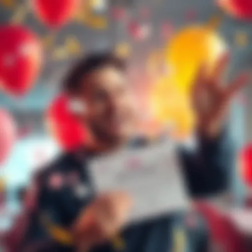 A happy FTX user celebrating their claim approval with a big smile, holding a notification of funds coming soon, surrounded by confetti and balloons.