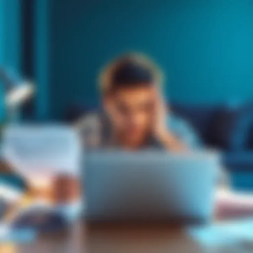 A person looking frustrated while using a laptop, with financial documents scattered around.