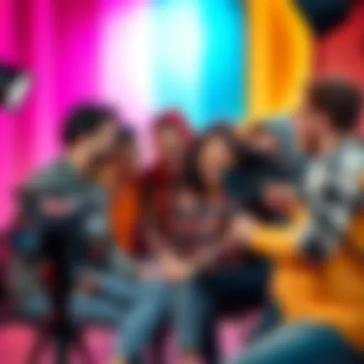A group of YouTubers laughing and filming funny skits together in a vibrant studio setting