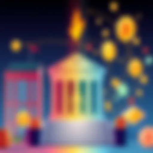 An illustration showing traditional finance merging with decentralized finance, featuring a bank building on one side and digital currency symbols on the other, connected by arrows.