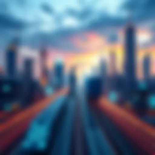 A futuristic city skyline with blockchain symbols and icons representing energy, health, and transportation sectors