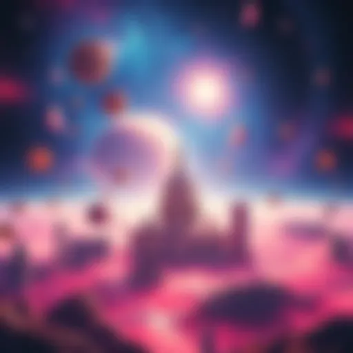 A futuristic landscape showcasing digital currency motifs and political symbols intertwined in a cosmic setting.