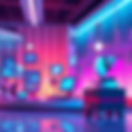Illustration showing new finance technologies like digital wallets, blockchain, and AI in a modern setting