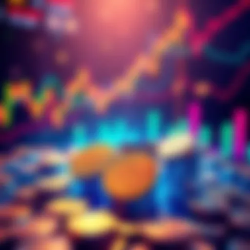A dynamic graphic showing $1 tokens representing digital currency, with a backdrop of market charts and upward trends, suggesting investment growth.