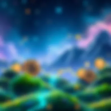 A digital landscape showing symbols of decentralized finance like blockchain and currency icons, representing innovations in finance.