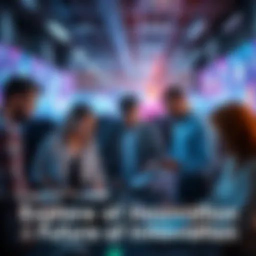 A group of diverse people collaborating on technology projects with digital screens displaying futuristic designs