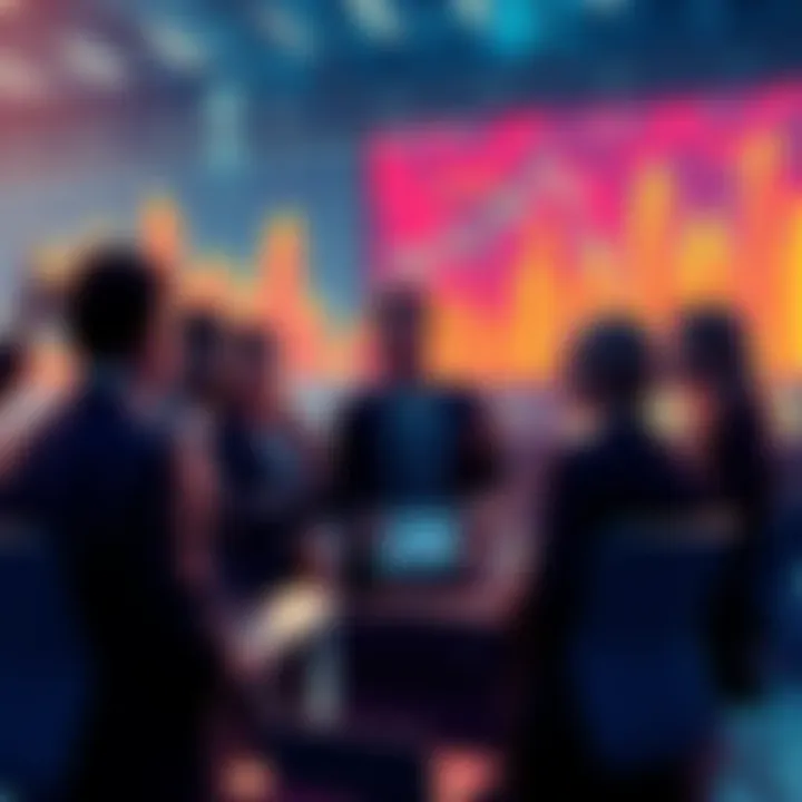 A group of business professionals discussing hashrate services and mining pools, with charts and graphs showing trends in the background.