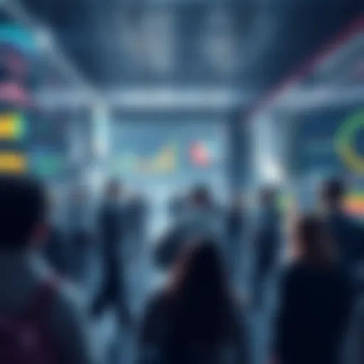 A futuristic scene showing a digital marketplace with charts and graphs representing predictions, with diverse people discussing ideas.