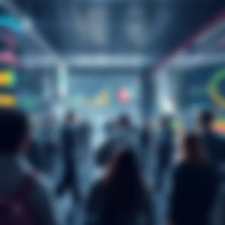 A futuristic scene showing a digital marketplace with charts and graphs representing predictions, with diverse people discussing ideas.