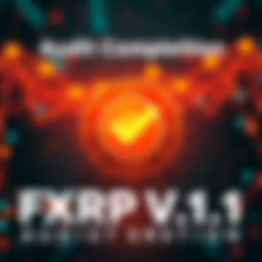 Graphic showing FXRP V1.1 logo with a check mark indicating audit completion, with a background hinting at blockchain technology.