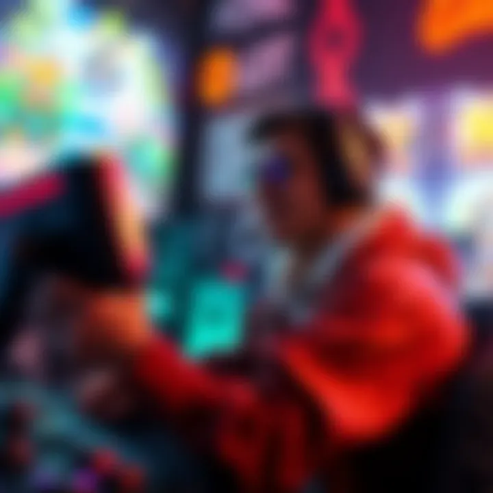 A gamer engaged in playing an exciting video game, surrounded by game elements and vibrant graphics