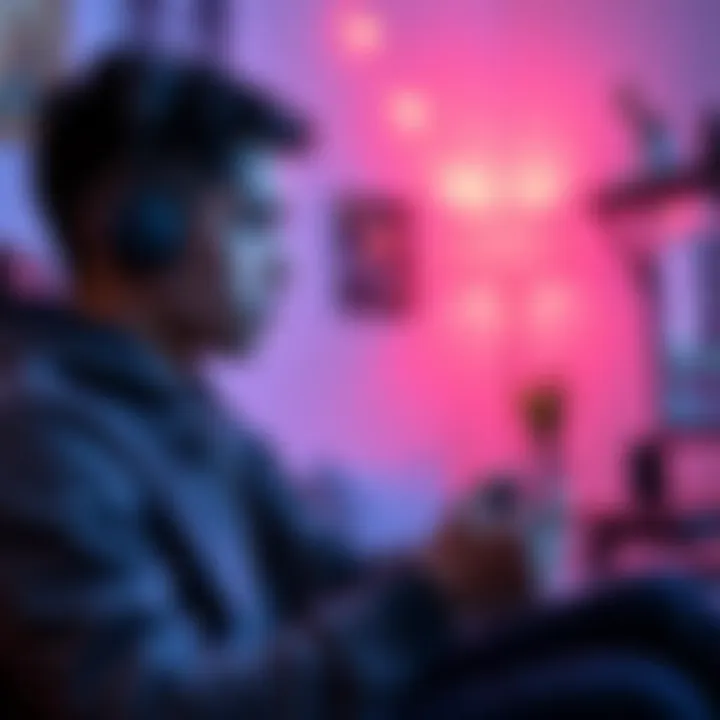 A person focused on improving game strategies while holding a game controller in a cozy gaming setup