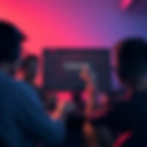 A group of gamers discussing frustrations about game features, with a computer screen showing a game update message that says 'Coming Soon'.