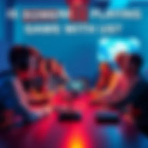 A group of people gathered around a table, talking about unusual gaming actions while looking at screens.