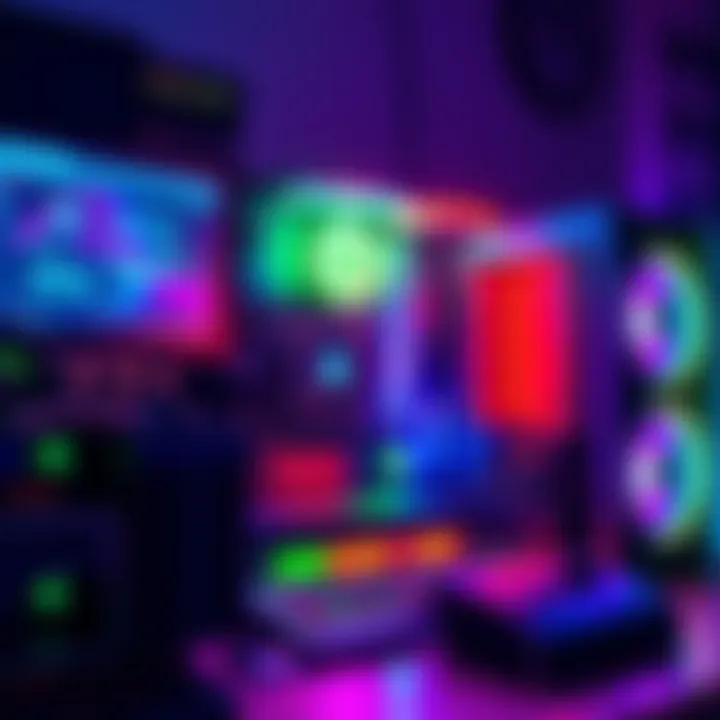 A gaming PC with bright RGB lights mining cryptocurrency, showcasing hardware and software on the screen.