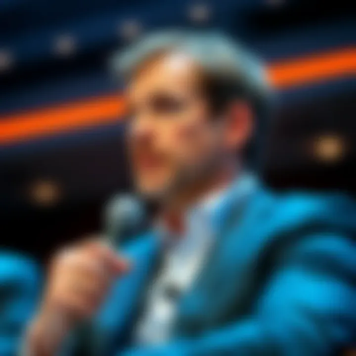 Gavin Wood speaking at a conference with a focused expression, showcasing his leadership and vision for Parity Technologies