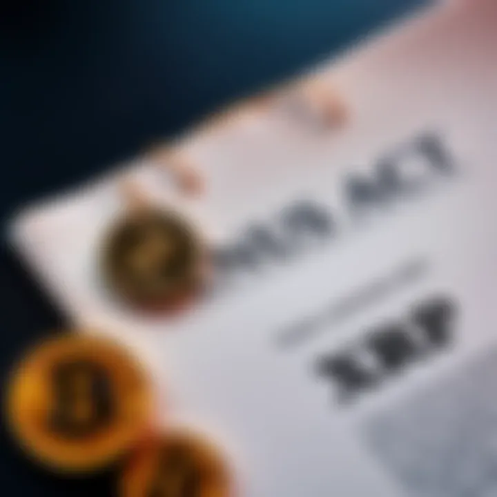 A close-up of the Genius Act document next to a digital representation of cryptocurrency symbols including XRP, signifying new guidelines for crypto in the US economy.