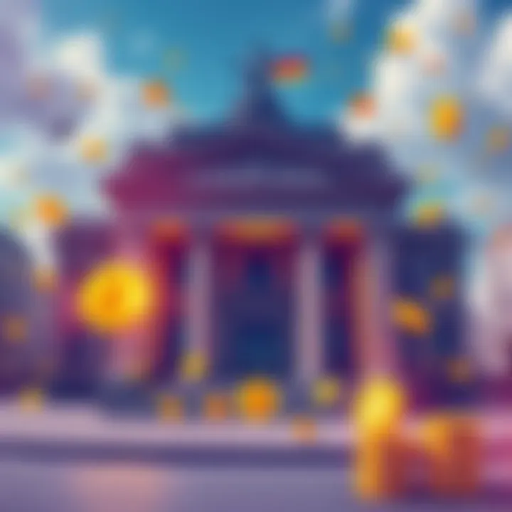 An illustration showing a German bank building with cryptocurrency symbols like Bitcoin and Ethereum around it, indicating the bank's future crypto trading services.