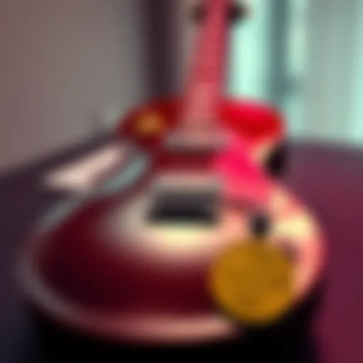 A classic Gibson Les Paul guitar placed on a table with a digital currency coin beside it, representing the sale for HBAR investment