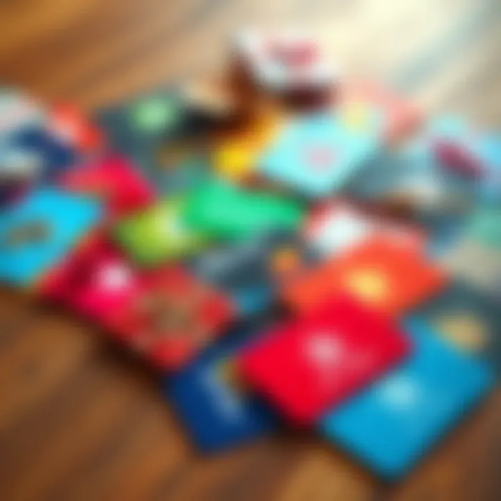 A collection of various colorful gift cards spread out on a wooden table