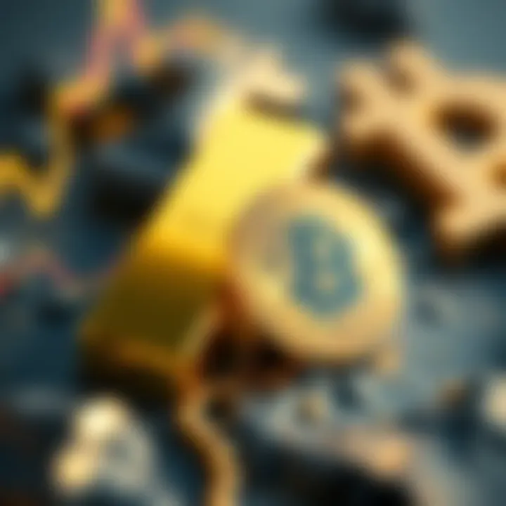 A gold bar representing rising gold prices alongside a Bitcoin symbol showing its liquidity struggles during a government shutdown.