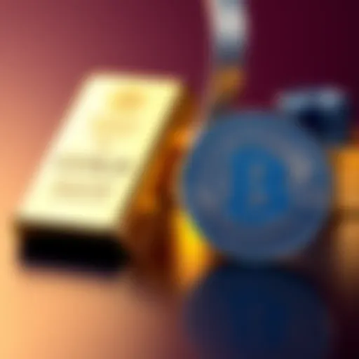 A gold bar and a Bitcoin token side by side, illustrating the contrast between the two assets' value perceptions.