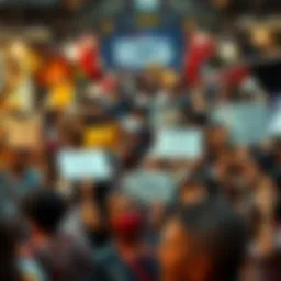 A diverse group of people in a busy marketplace expressing gratitude and appreciation for sellers, holding signs of thanks and support.