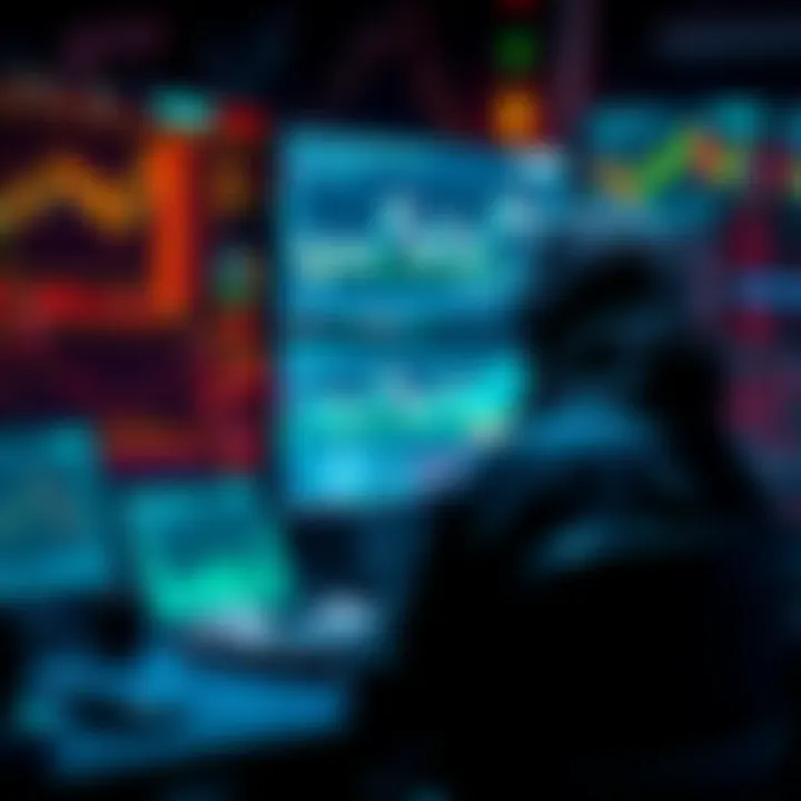A gray hat hacker sits at a desk, looking thoughtful, surrounded by computer screens displaying cryptocurrency charts and graphs, symbolizing the digital finance world and personal struggle.