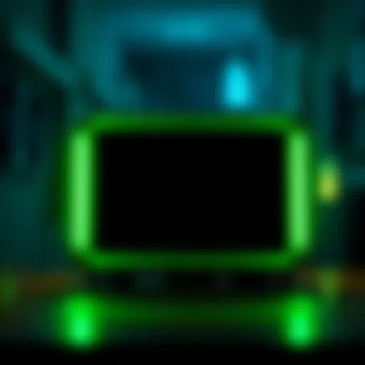 A device with a bright green light turned on, but the screen remains blank and unresponsive.