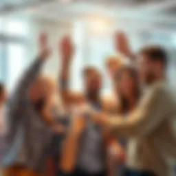 A diverse group of people joyfully celebrating their recent achievements with smiles and high-fives in a bright and cheerful setting.
