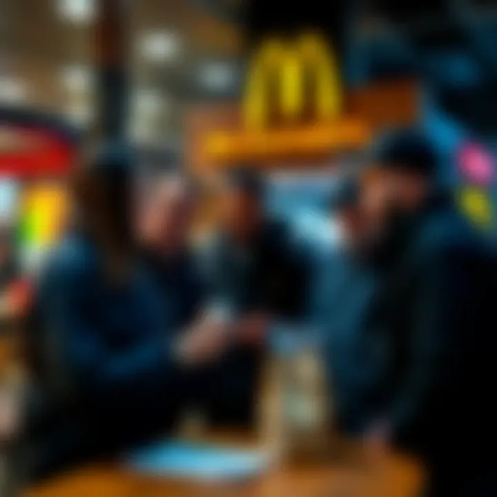 A diverse group of people discussing job opportunities at a McDonald's location