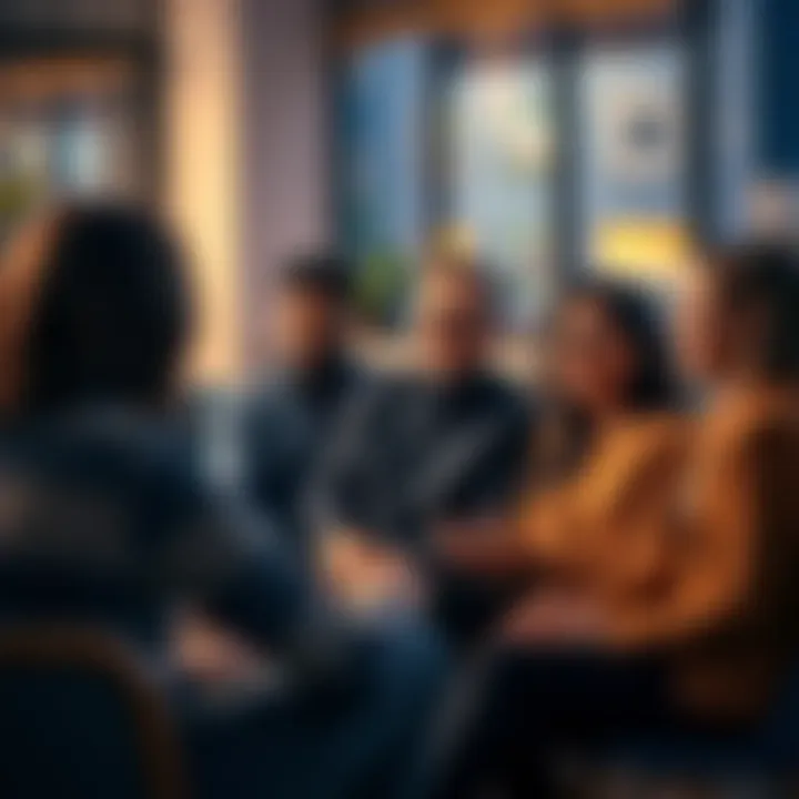 A diverse group of people sitting together, sharing advice and learning in a community setting.