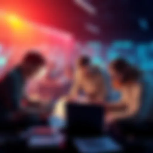 A team of app developers and project managers collaborating over laptops and design plans