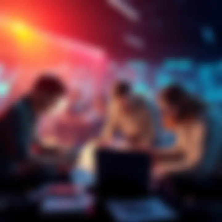 A team of app developers and project managers collaborating over laptops and design plans