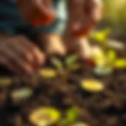 A person planting a small seedling in soil with cryptocurrency coins around it, symbolizing growth and investment in the future.