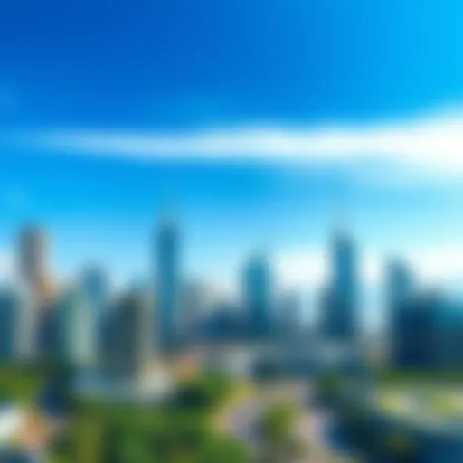 A vibrant city skyline representing economic growth with modern buildings and green spaces under a clear blue sky.