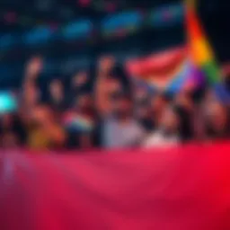 A group of diverse people celebrating together, holding banners and cheering for the H-barbarous community, showing unity and joy.