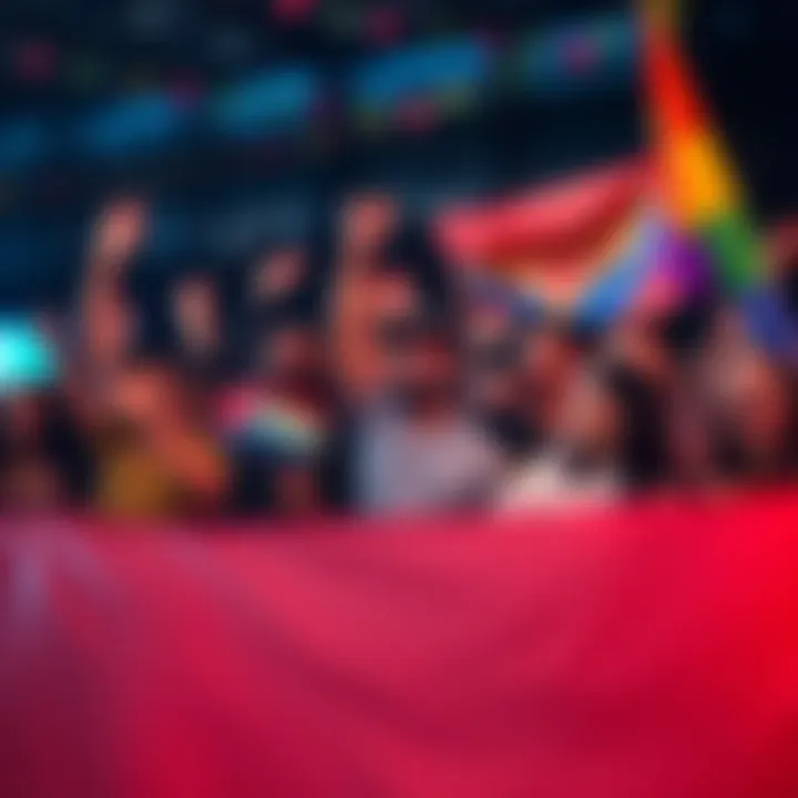 A group of diverse people celebrating together, holding banners and cheering for the H-barbarous community, showing unity and joy.