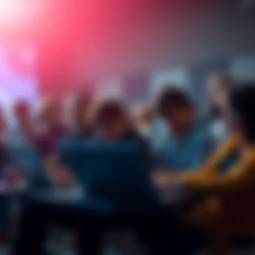 A diverse group of people collaborating around laptops at a hackathon event, showing signs of boredom and low participation.