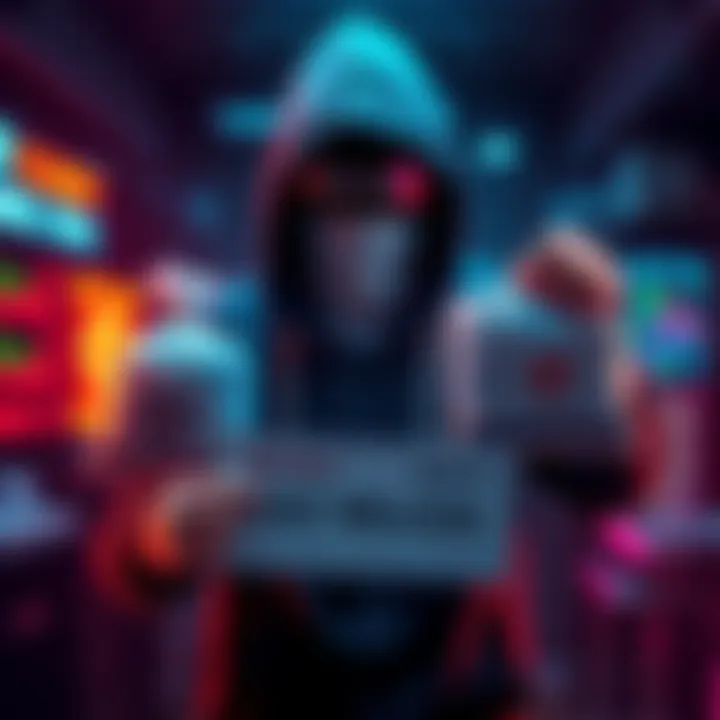 A hacker in a hoodie hands over bags of money representing the returned $42 million to GMX while holding a $5 million bounty check