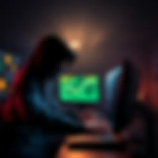 A hacker using a computer in a dark room, with cryptocurrency icons on the screen. A sad cancer patient looking worried in the background